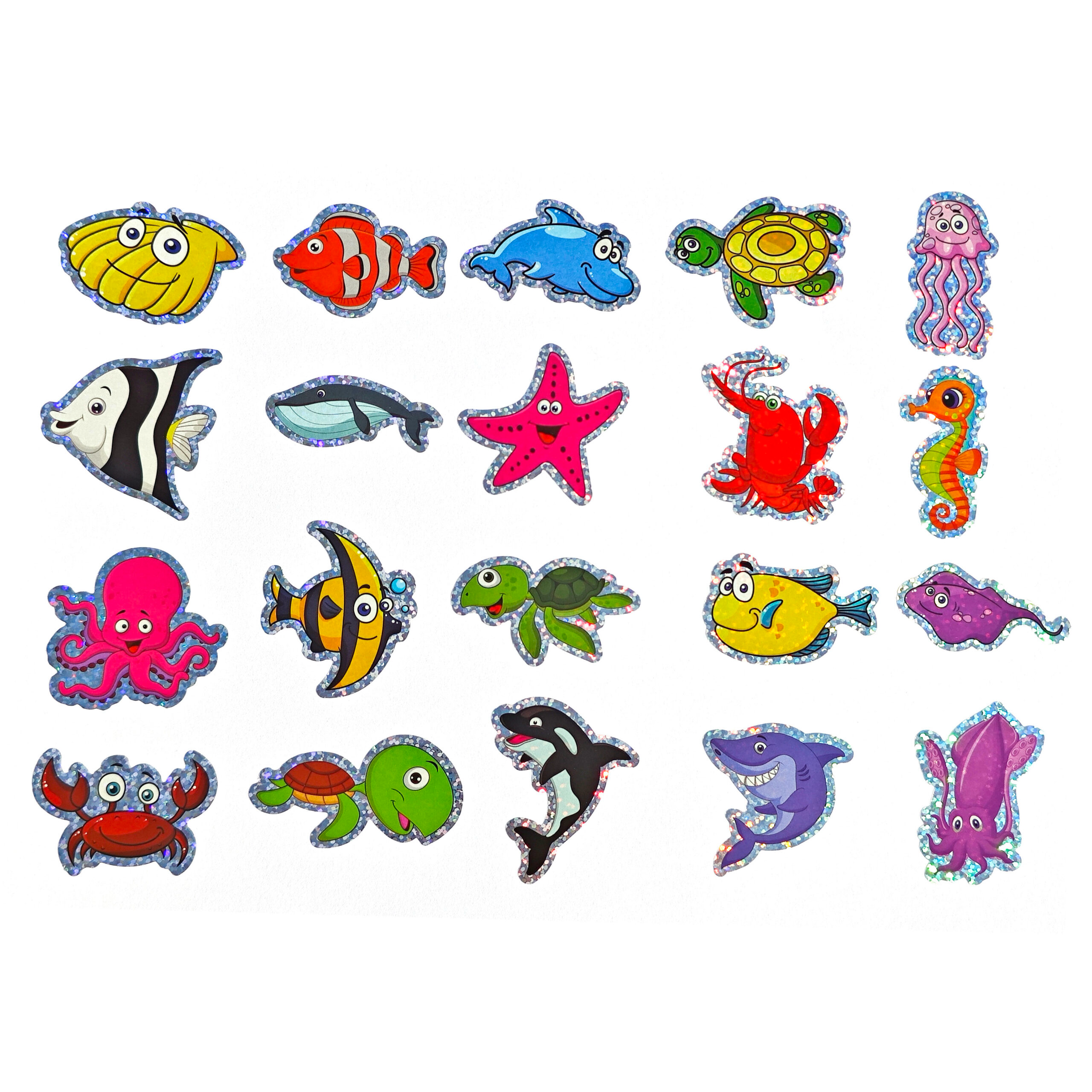 Laser‑glitter zee dieren stickers – 99 stuks